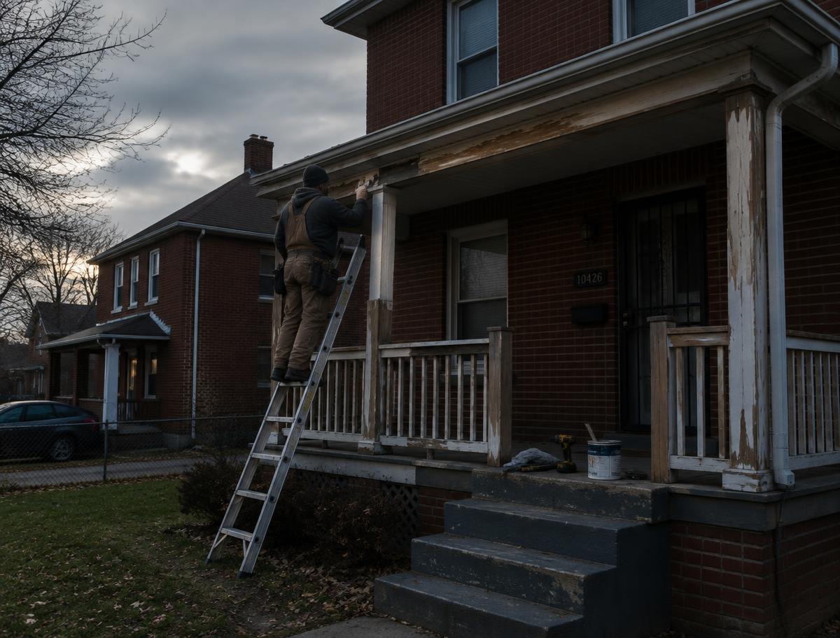 Handyman repairing a porch on a Detroit brick home