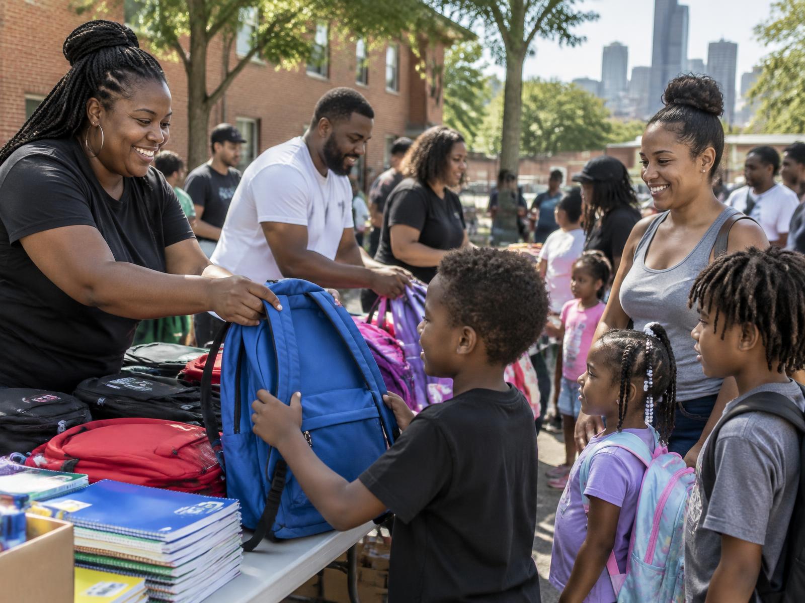 Families receiving backpacks and school supplies at a neighborhood giveaway