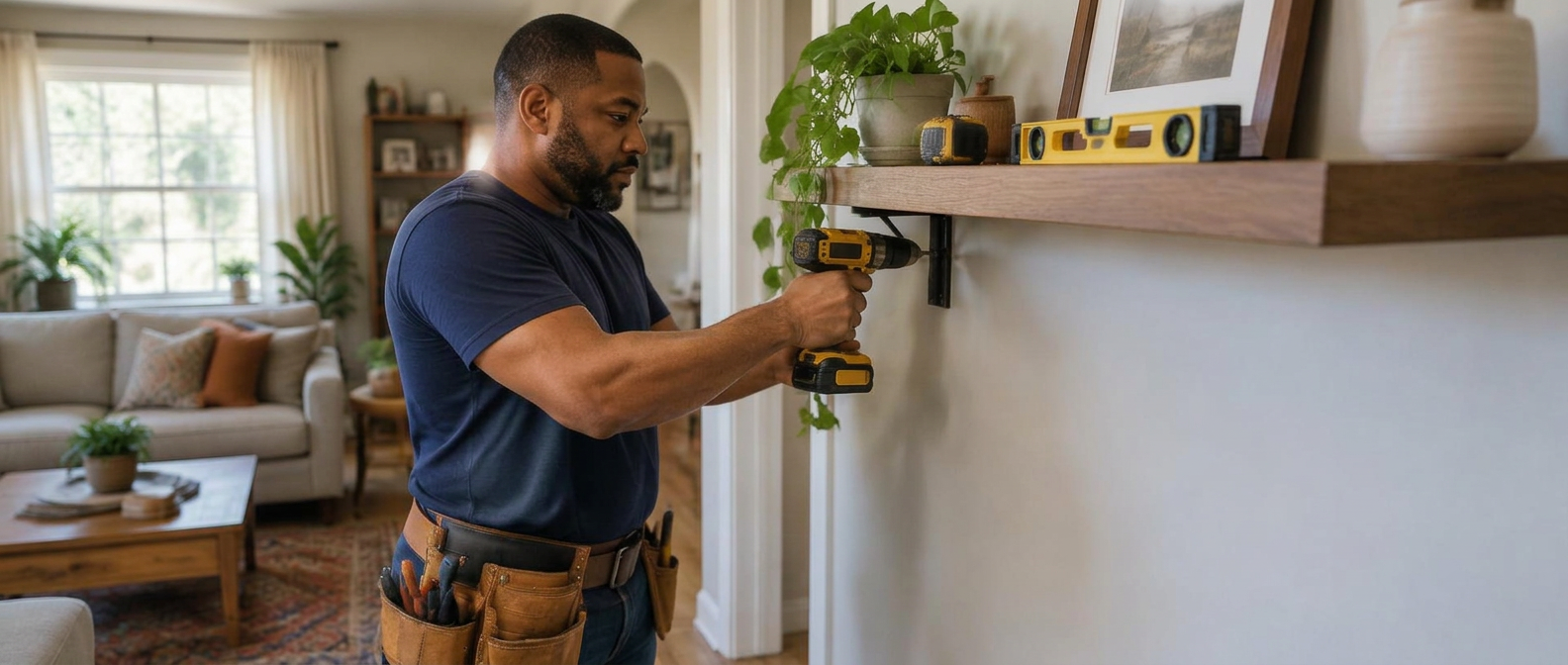 Handyman using a cordless drill to install a floating shelf inside a home