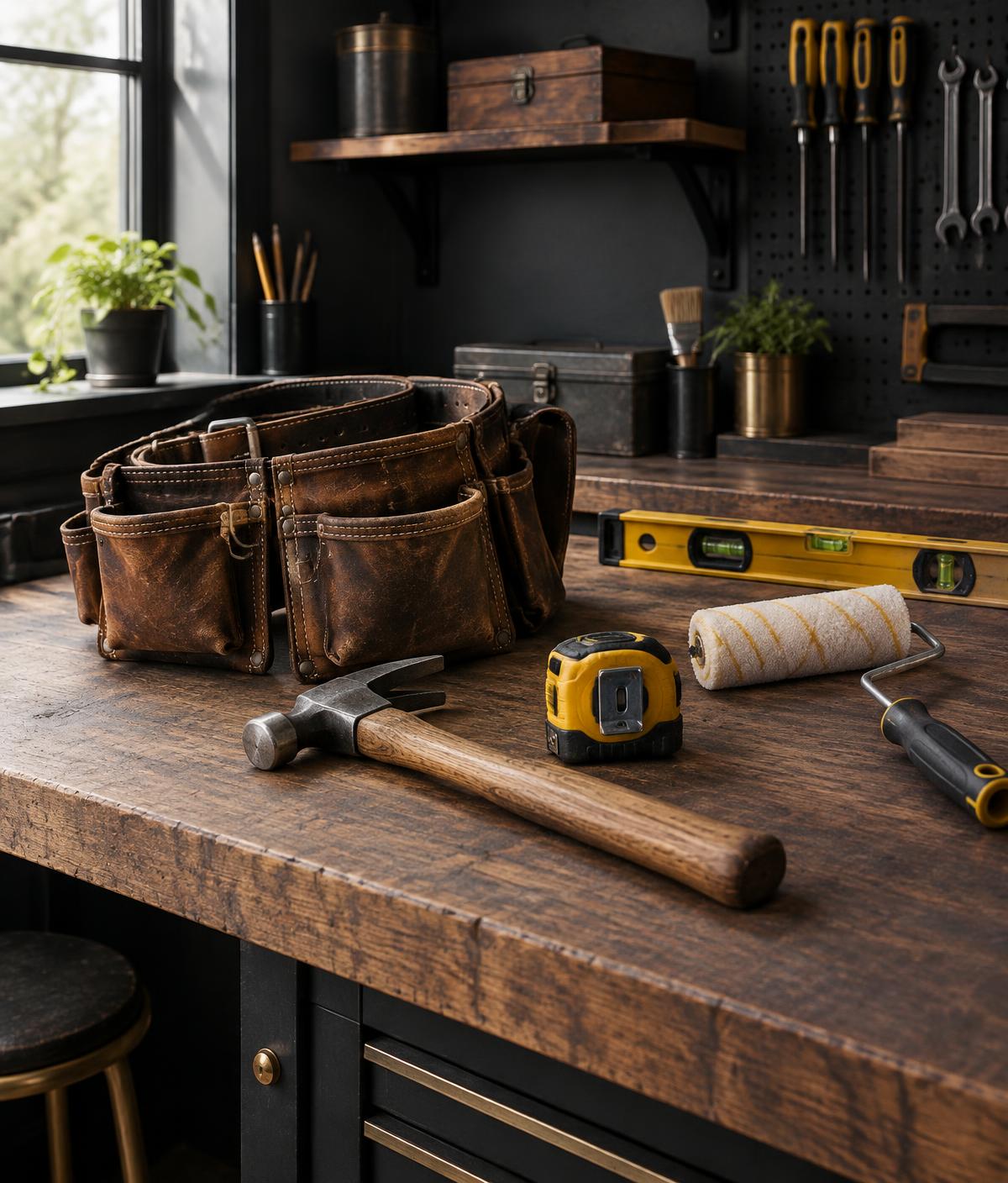 Workbench with tool belt, hammer, tape measure and paint roller